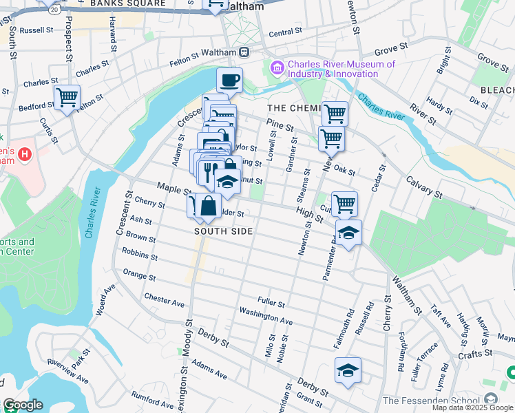 map of restaurants, bars, coffee shops, grocery stores, and more near 53 High Street in Waltham