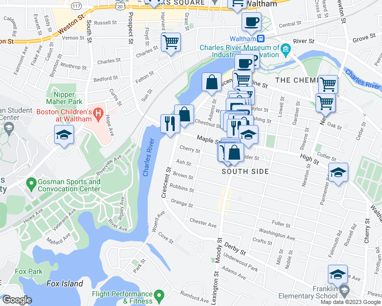 map of restaurants, bars, coffee shops, grocery stores, and more near 107 Adams Street in Waltham