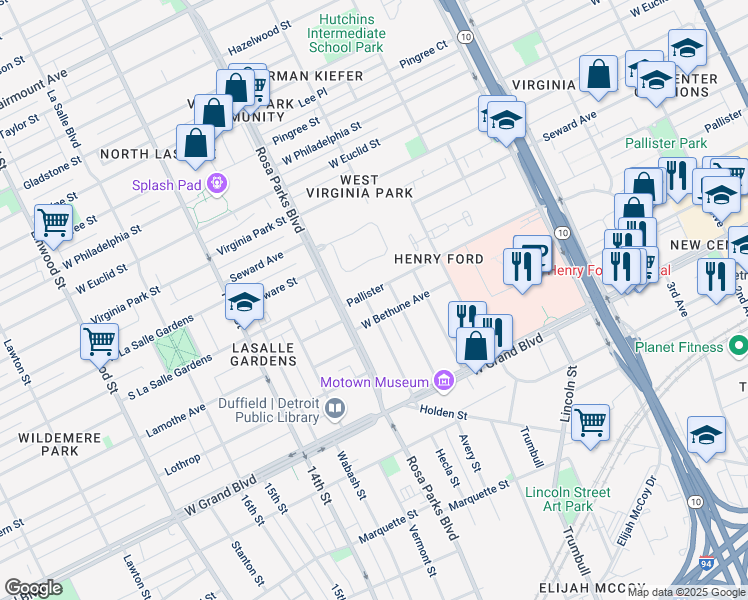 map of restaurants, bars, coffee shops, grocery stores, and more near 1707 Pallister in Detroit