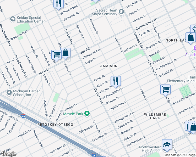 map of restaurants, bars, coffee shops, grocery stores, and more near 3347 Gladstone Street in Detroit