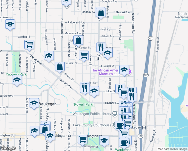 map of restaurants, bars, coffee shops, grocery stores, and more near 518 2nd Street in Waukegan