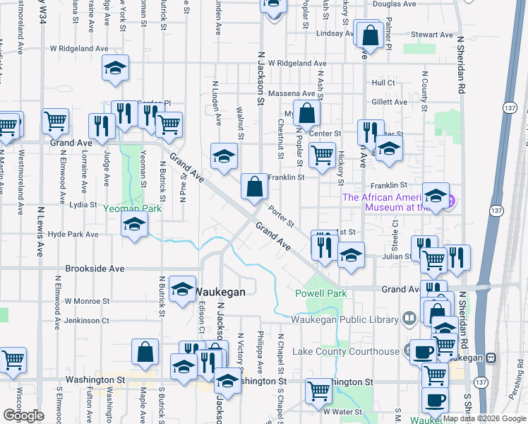map of restaurants, bars, coffee shops, grocery stores, and more near 810 Porter Street in Waukegan