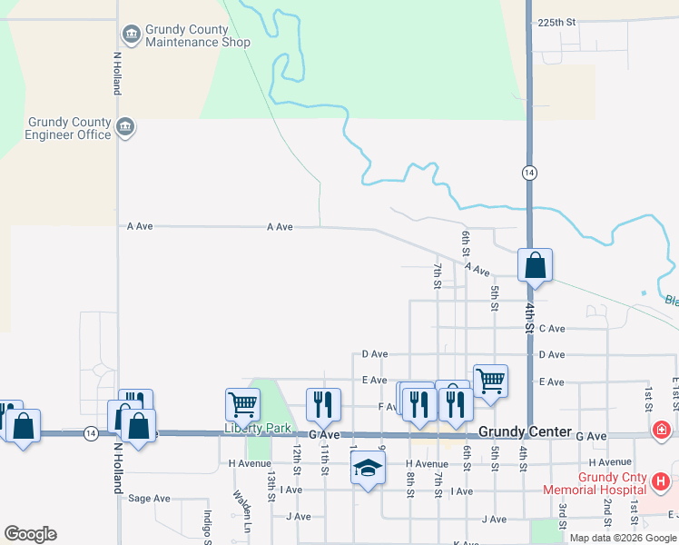 map of restaurants, bars, coffee shops, grocery stores, and more near in Grundy Center