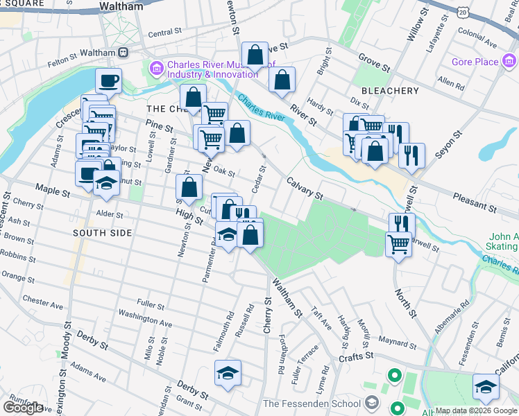map of restaurants, bars, coffee shops, grocery stores, and more near 52 Cedar Street in Waltham