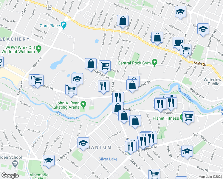 map of restaurants, bars, coffee shops, grocery stores, and more near 18 Bridge Street in Watertown