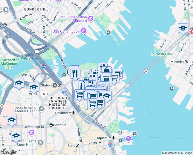 map of restaurants, bars, coffee shops, grocery stores, and more near in Boston
