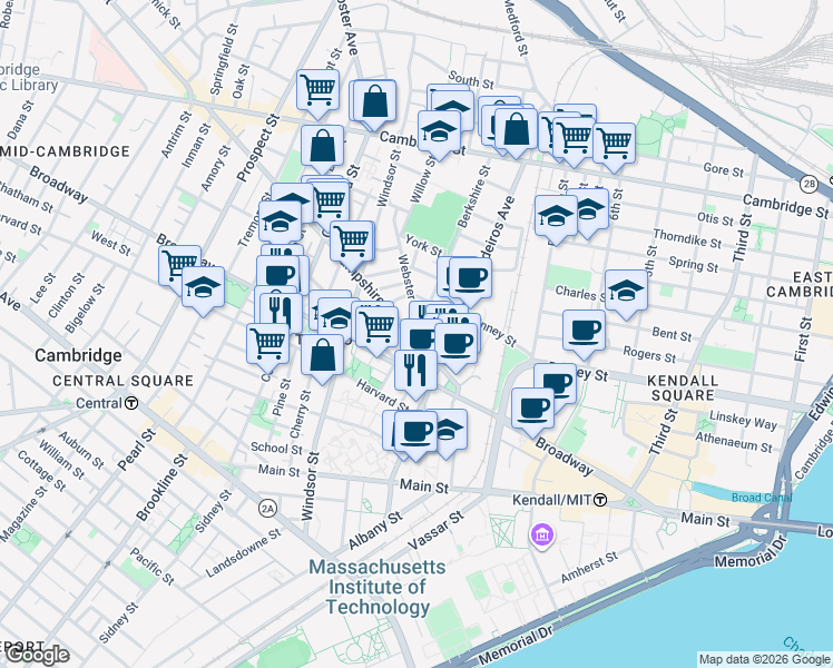 map of restaurants, bars, coffee shops, grocery stores, and more near 33 Webster Avenue in Cambridge