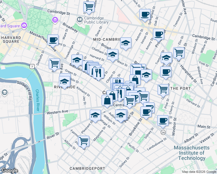 map of restaurants, bars, coffee shops, grocery stores, and more near 5 Bigelow Street in Cambridge