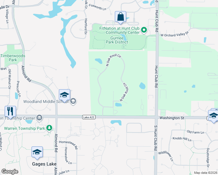 map of restaurants, bars, coffee shops, grocery stores, and more near 34720 Red Oak Drive in Gurnee