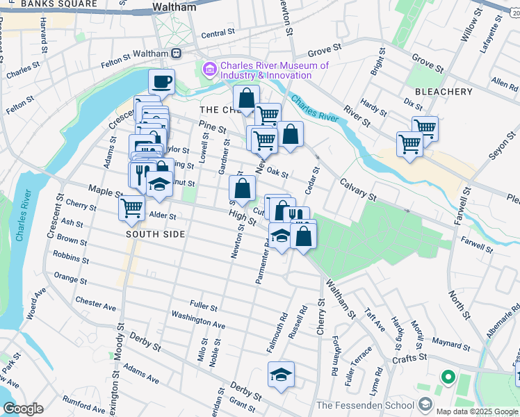 map of restaurants, bars, coffee shops, grocery stores, and more near 12 Cutter Street in Waltham