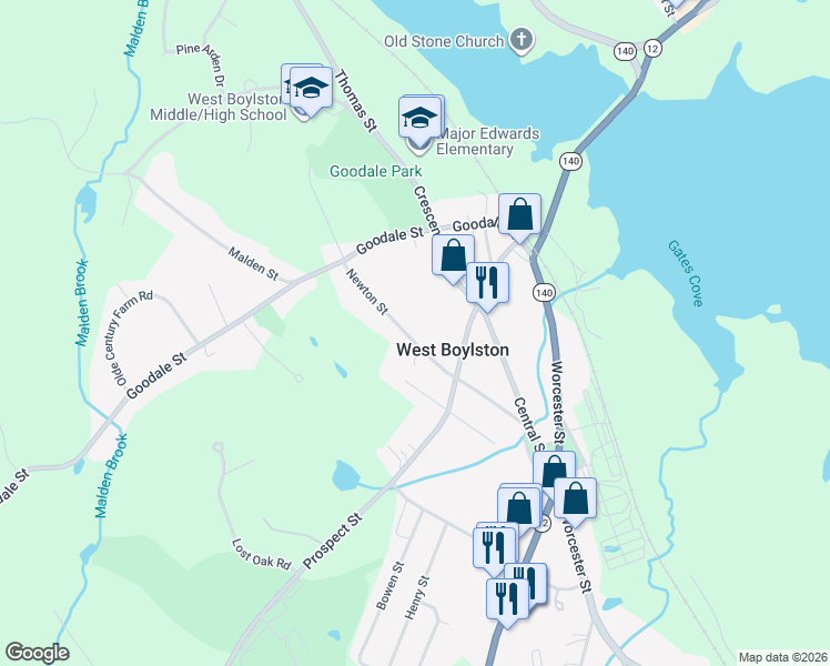 map of restaurants, bars, coffee shops, grocery stores, and more near 64 Newton Street in West Boylston