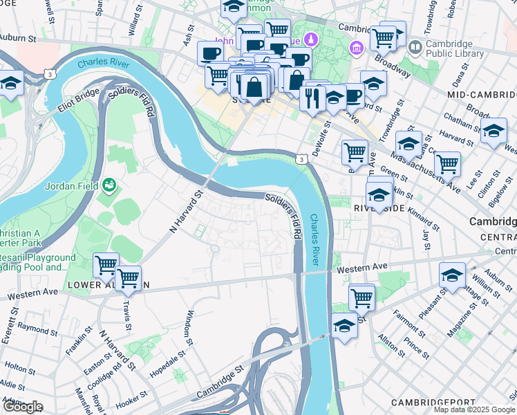 map of restaurants, bars, coffee shops, grocery stores, and more near 45 Harvard Way in Boston