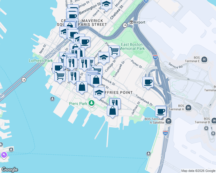 map of restaurants, bars, coffee shops, grocery stores, and more near 114 Everett Street in Boston