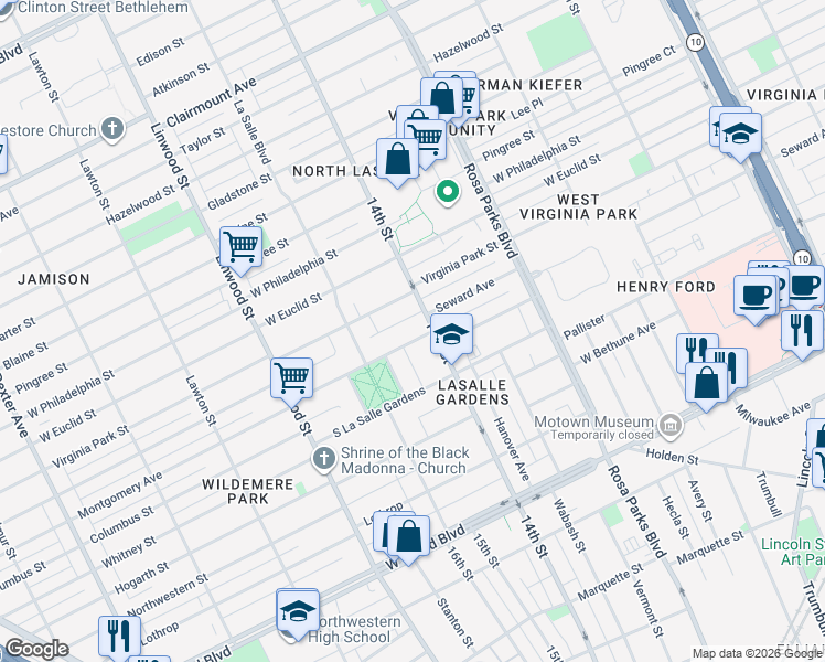 map of restaurants, bars, coffee shops, grocery stores, and more near 2222 North La Salle Gardens in Detroit