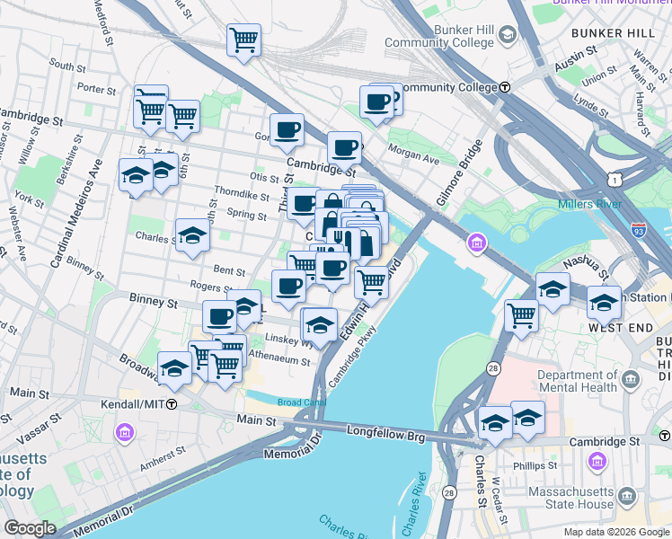 map of restaurants, bars, coffee shops, grocery stores, and more near First Street in Cambridge