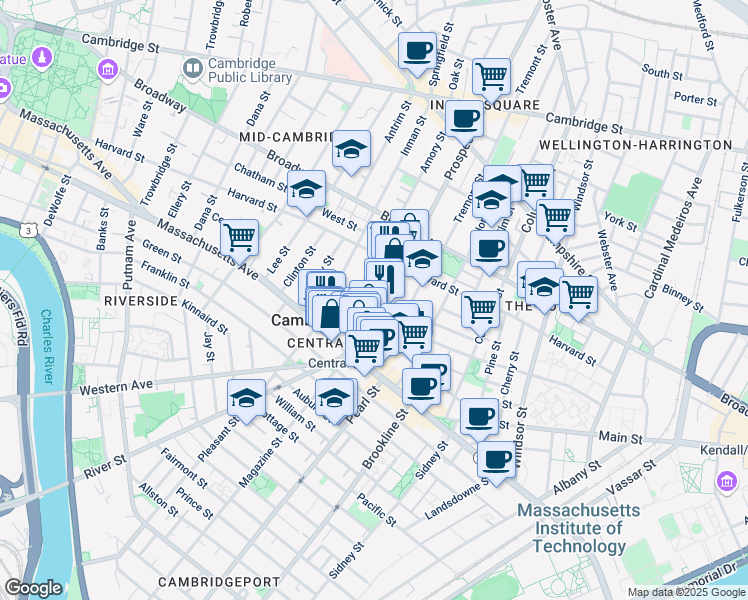 map of restaurants, bars, coffee shops, grocery stores, and more near 75 Prospect Street in Cambridge
