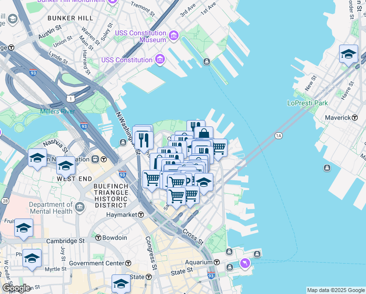 map of restaurants, bars, coffee shops, grocery stores, and more near 501 Commercial Street in Boston