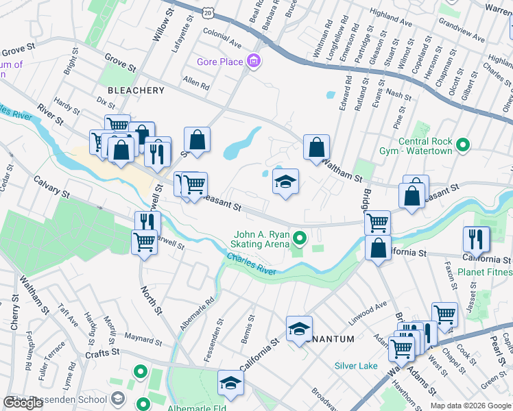 map of restaurants, bars, coffee shops, grocery stores, and more near 3 Repton Place in Watertown