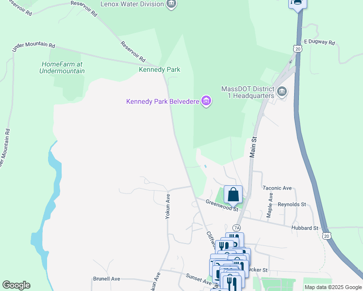 map of restaurants, bars, coffee shops, grocery stores, and more near 120 Cliffwood Street in Lenox