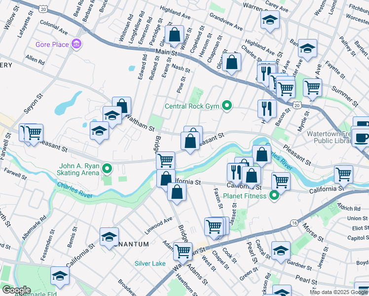 map of restaurants, bars, coffee shops, grocery stores, and more near 385 Pleasant Street in Watertown