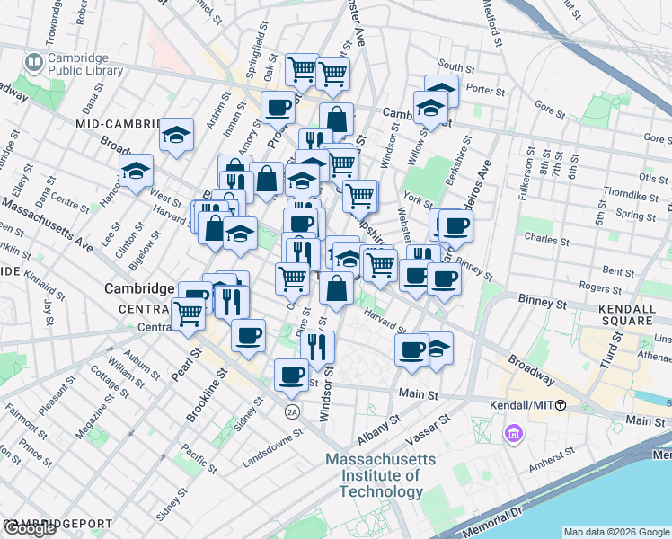 map of restaurants, bars, coffee shops, grocery stores, and more near 268 Broadway in Cambridge
