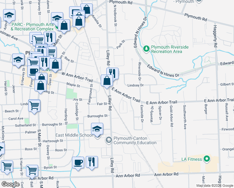 map of restaurants, bars, coffee shops, grocery stores, and more near 233 East Ann Arbor Trail in Plymouth