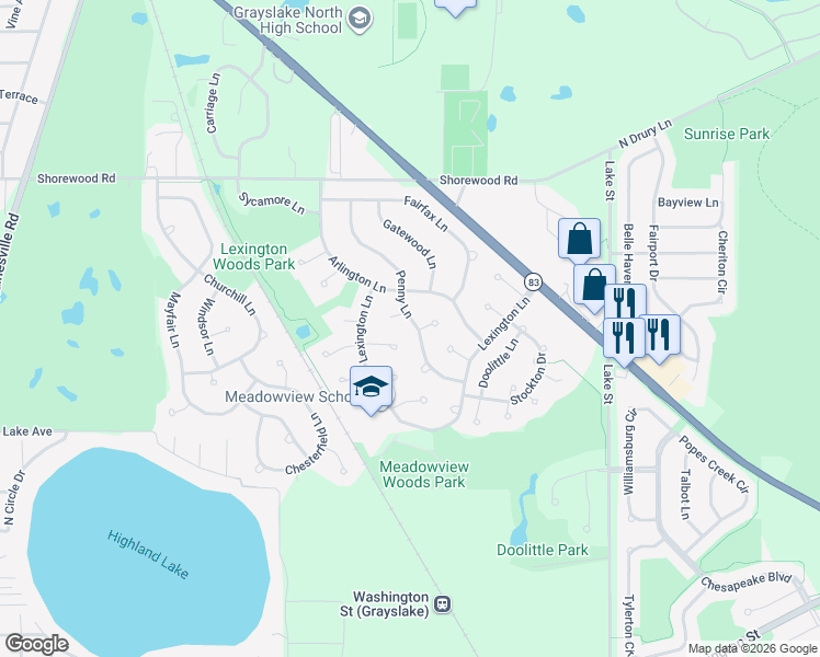 map of restaurants, bars, coffee shops, grocery stores, and more near 321 Penny Lane in Grayslake