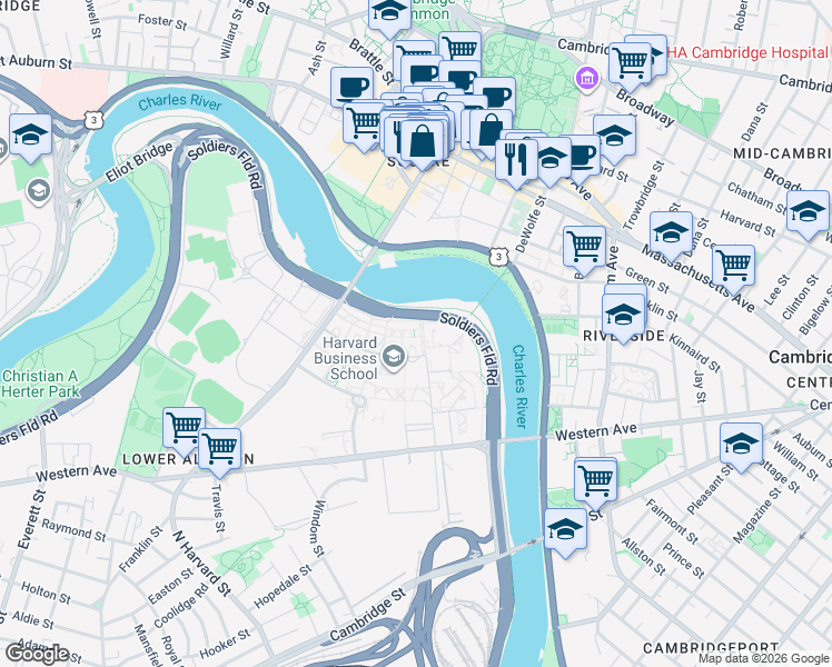 map of restaurants, bars, coffee shops, grocery stores, and more near 660 Soldiers Field Road in Boston