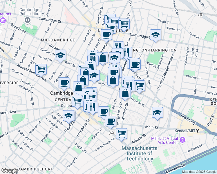 map of restaurants, bars, coffee shops, grocery stores, and more near Harvard St & Elm St in Cambridge