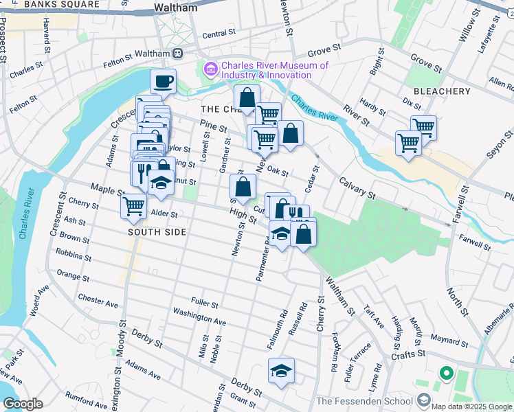 map of restaurants, bars, coffee shops, grocery stores, and more near 8 Cutter Street in Waltham