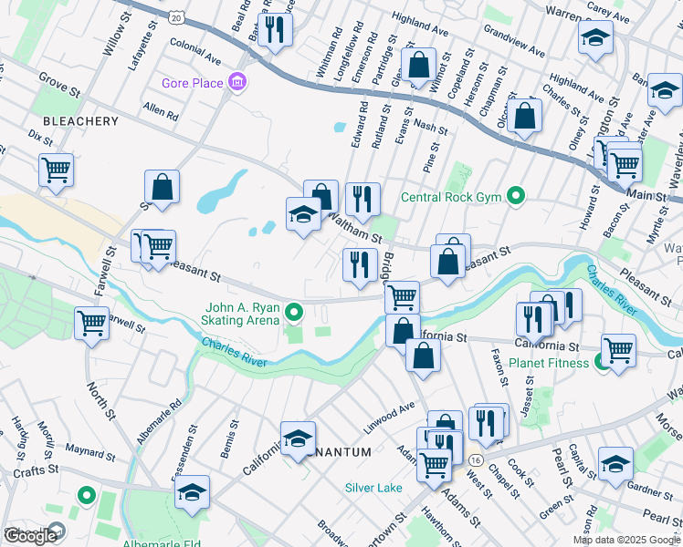 map of restaurants, bars, coffee shops, grocery stores, and more near 40 Green River Way in Watertown