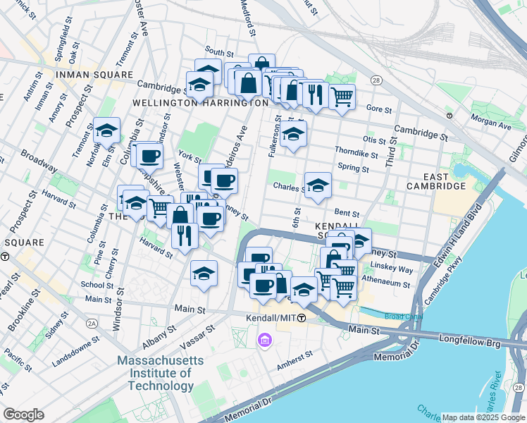map of restaurants, bars, coffee shops, grocery stores, and more near 320 Fulkerson Street in Cambridge