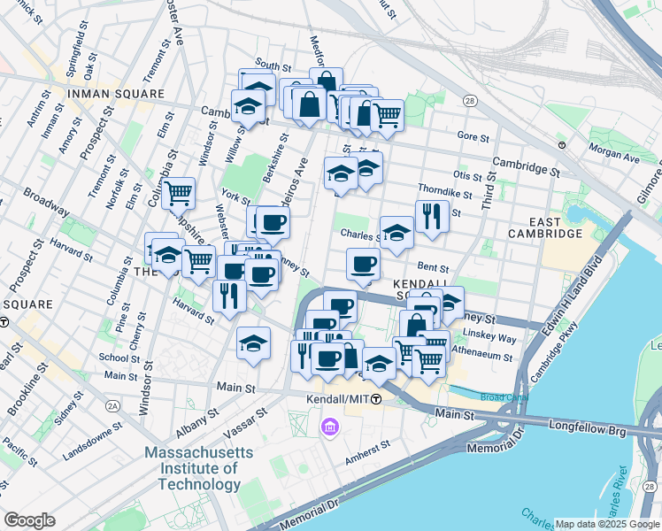 map of restaurants, bars, coffee shops, grocery stores, and more near 320 Bent Street in Cambridge