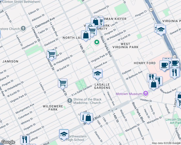 map of restaurants, bars, coffee shops, grocery stores, and more near 2222 North La Salle Gardens in Detroit