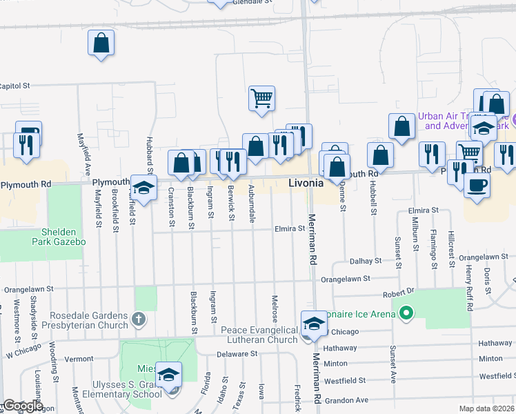 map of restaurants, bars, coffee shops, grocery stores, and more near 11407 Melrose in Livonia