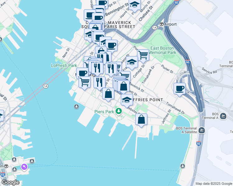 map of restaurants, bars, coffee shops, grocery stores, and more near 16 Cottage Street in Boston