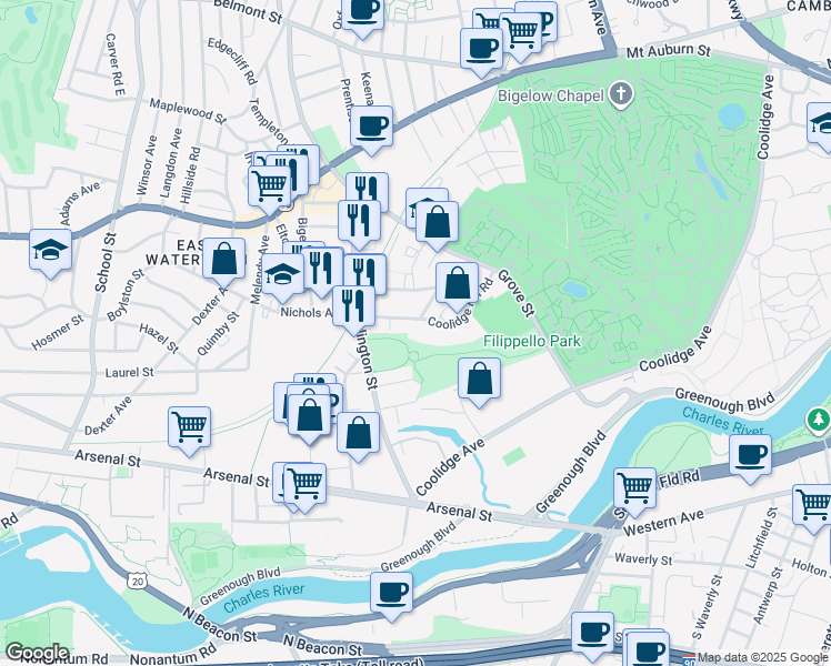 map of restaurants, bars, coffee shops, grocery stores, and more near 29 Coolidge Hill Road in Watertown