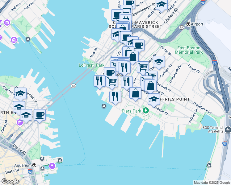 map of restaurants, bars, coffee shops, grocery stores, and more near 20 Marginal Street in Boston