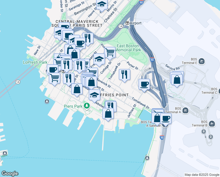 map of restaurants, bars, coffee shops, grocery stores, and more near 297 Maverick Street in Boston