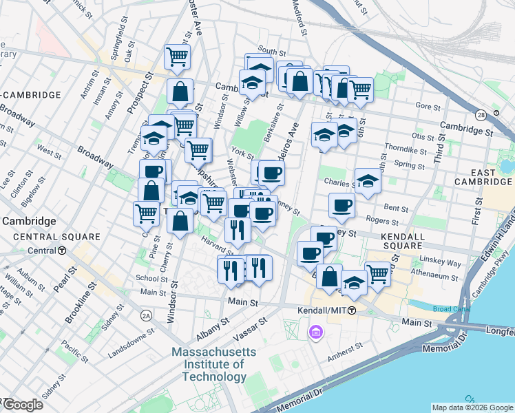 map of restaurants, bars, coffee shops, grocery stores, and more near 23 Lilac Court in Cambridge