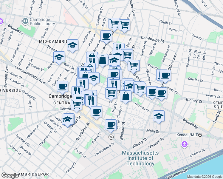 map of restaurants, bars, coffee shops, grocery stores, and more near 10 Elm Street in Cambridge