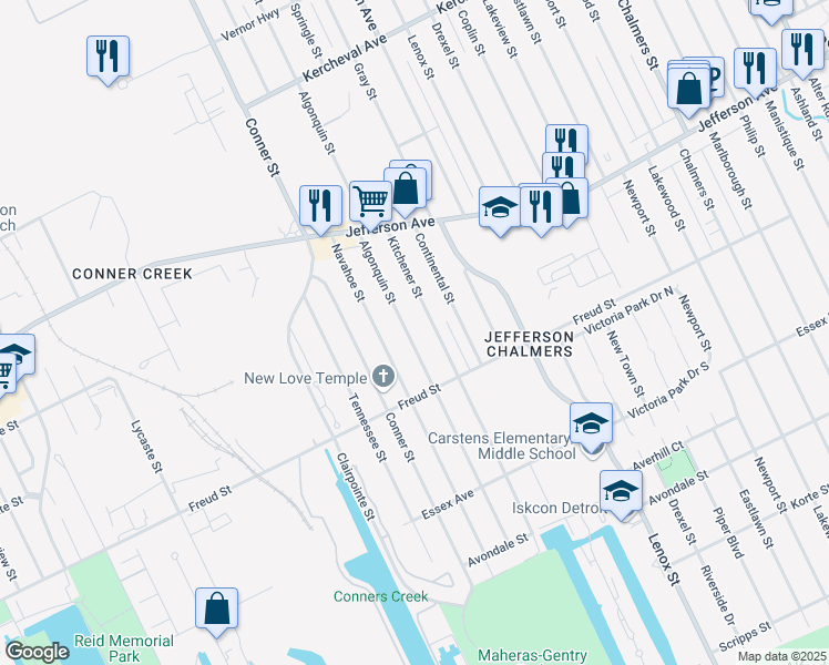 map of restaurants, bars, coffee shops, grocery stores, and more near 827 Kitchener Street in Detroit