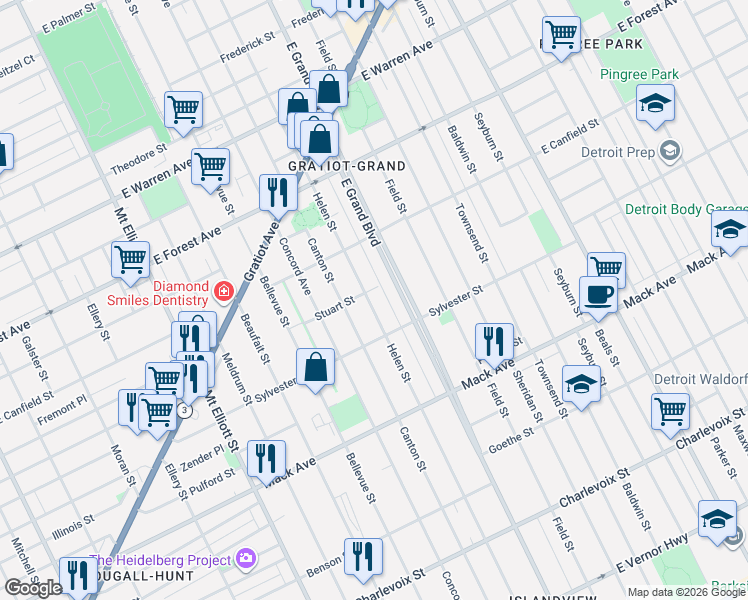 map of restaurants, bars, coffee shops, grocery stores, and more near 3980 Helen Street in Detroit
