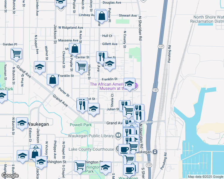 map of restaurants, bars, coffee shops, grocery stores, and more near 336 Cory Avenue in Waukegan