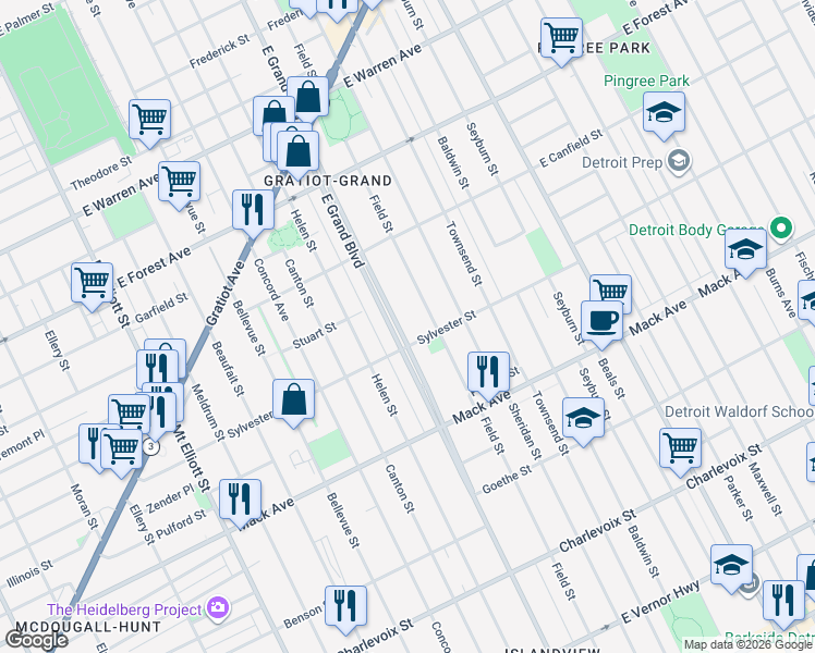 map of restaurants, bars, coffee shops, grocery stores, and more near 900 East Grand Boulevard in Detroit
