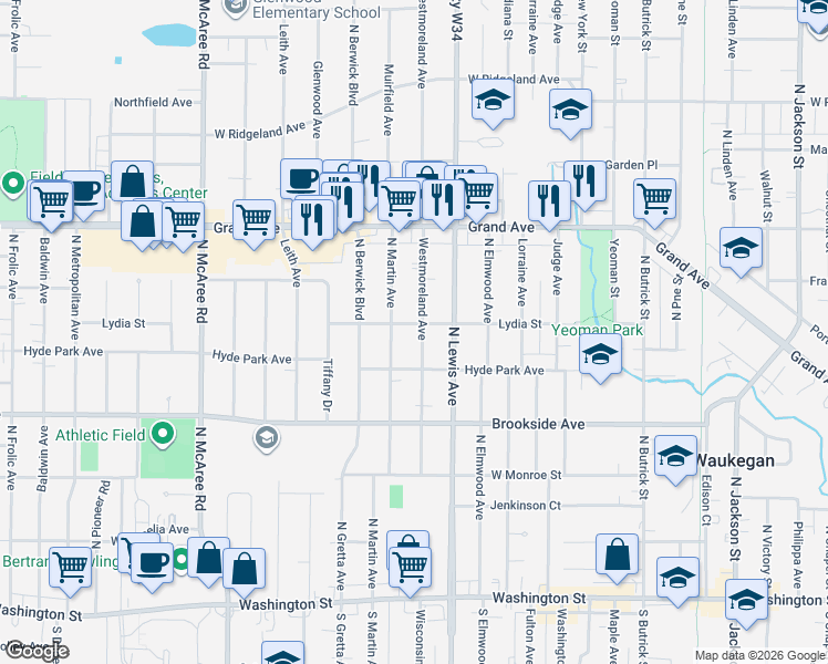 map of restaurants, bars, coffee shops, grocery stores, and more near 1919 Lydia Street in Waukegan