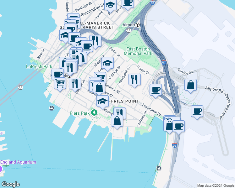 map of restaurants, bars, coffee shops, grocery stores, and more near 287 Maverick Street in Boston