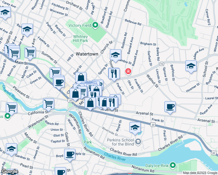 map of restaurants, bars, coffee shops, grocery stores, and more near 69 Mount Auburn Street in Watertown