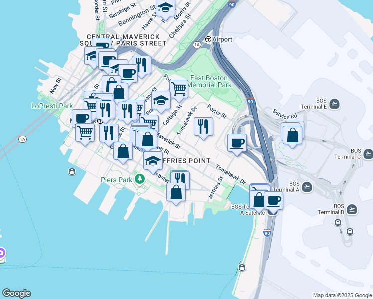 map of restaurants, bars, coffee shops, grocery stores, and more near 296 Maverick Street in Boston