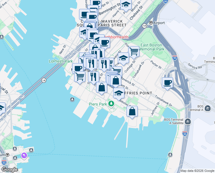 map of restaurants, bars, coffee shops, grocery stores, and more near 16 Cottage Street in Boston